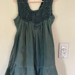 Baby Blue girl's cotton gauze dress in deep turquoise color with crochet top s6